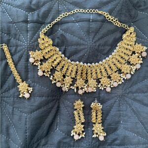 Indian Pakistani Gold and Pink Jewelry Set
